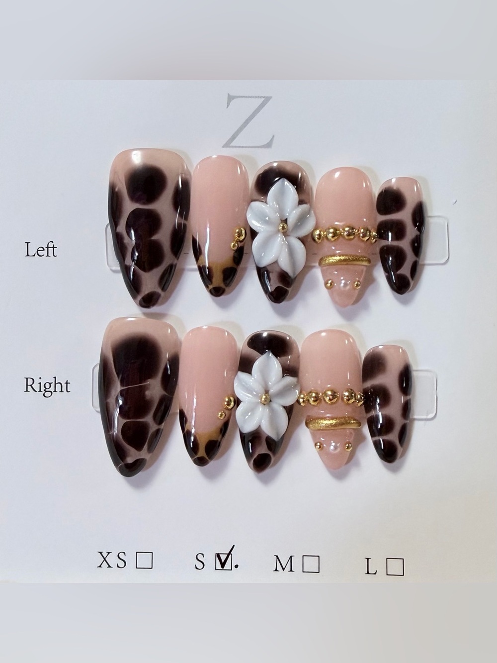 Nude Pink Leopard Press-On Nail Set with 3D Flower Accents